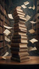 Stack of Mysterious Ancient Books with Flying Pages Floating in the Air and Glowing Light.