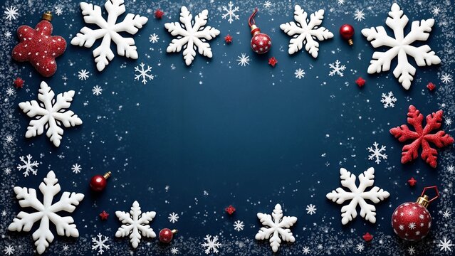 A dark blue background with white snowflakes and red ornaments.