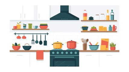 Cartoon Kitchen Interior Illustration with Stove, Cookware, and Utensils on Shelves Against a White Tiled Wall: Cozy, Modern Kitchen Design
