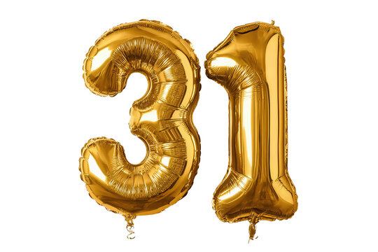 Metallic gold foil balloons shaped as “31” with creased seams, slightly deflated look and curled strings, isolated on transparent background.
