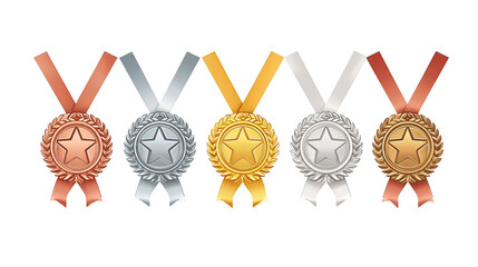 Flat vector award icon set with bronze star, silver medal, gold trophy cup, laurel wreath, and ribbon rosette, softly highlighted in an upward arc, isolated on transparent background.
