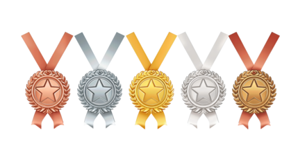 Flat vector award icon set with bronze star, silver medal, gold trophy cup, laurel wreath, and ribbon rosette, softly highlighted in an upward arc, isolated on transparent background.
