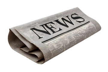 Vintage folded newspaper concept with bold masthead suggested by halftone lines, grayscale print style and curled corner, isolated on transparent background.
