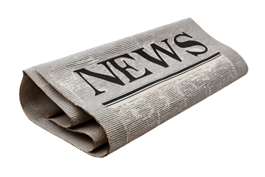 Vintage folded newspaper concept with bold masthead suggested by halftone lines, grayscale print style and curled corner, isolated on transparent background.
