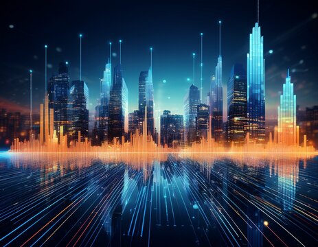 abstract digital cityscape with glowing skyscrapers and fluctuating line graph data over futuristic reflective surface conveying technology and financial analytics