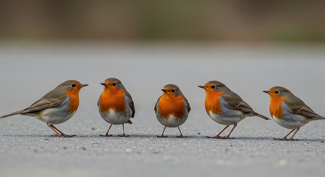 Five European Robins Standing in a Row on Pavement.