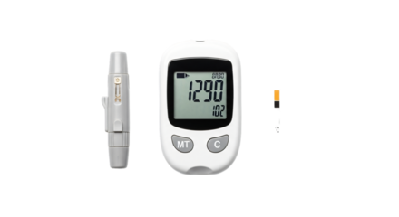 Glucose meter with lancet and test strip isolated on transparent background