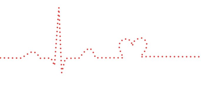Ilustra&ccedil;&atilde;o 3D minimalista de linha de ECG composta por pontos vermelhos formando um cora&ccedil;&atilde;o, em fundo branco com espa&ccedil;o para texto. Conceito de sa&uacute;de, cardiologia, check-up e bem-estar.