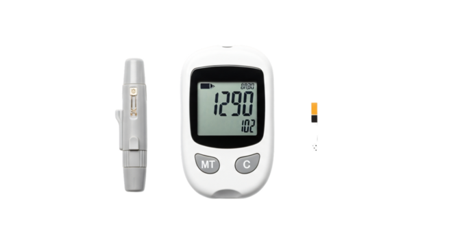 Glucose meter with lancet and test strip isolated on transparent background
