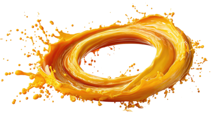 Dynamic splash of mango puree swirling clockwise in a hollow ring, droplets frozen mid-air from goldenrod to apricot tones, isolated on transparent background.
