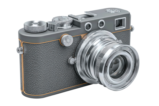 Graphite compact camera design featuring textured leatherette, precision knurled metal dials and turned lens, isolated on transparent background.
