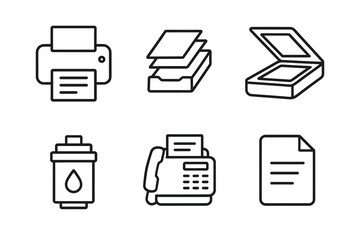 Office equipment icons: printer, tray, scanner, file, fax, document line art set