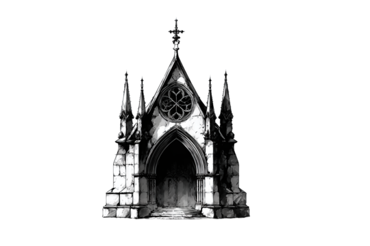 Gothic chapel silhouette with pointed arch doorway and rose window, ink wash shading and subtle linework cast, isolated on transparent background.
