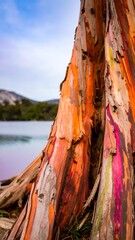 Naklejka premium Vibrant bark of a tree by a lake