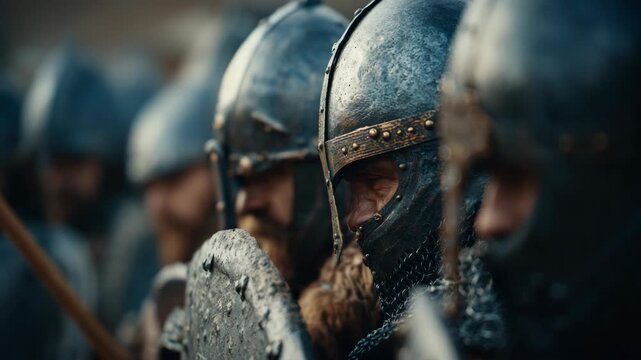 Close-up of medieval knights in worn metal armor and shields, cinematic style, with blurred background, concept of historical warfare
