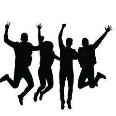 Silhouette of a group of people dancing and celebrating isolated on transparent background