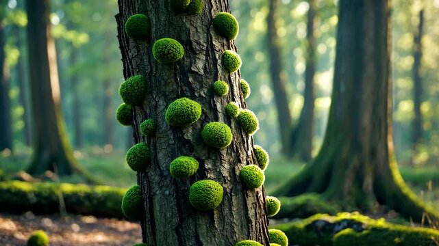 Green Moss Growing on Forest Tree Trunk in Natural Woodland Environment