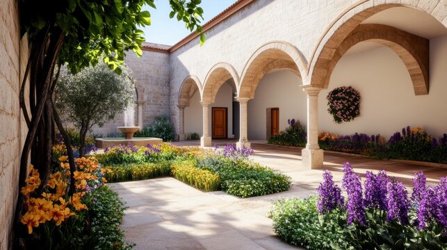 Beautifully lit mission courtyard with floral garden, stone arches, and a central fountain