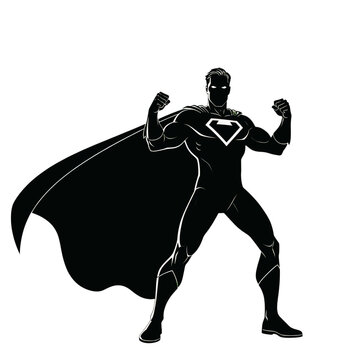 Superhero silhouette with cape and chest emblem isolated on transparent background