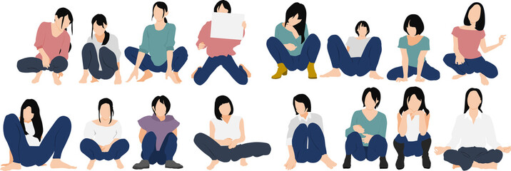 しゃがんでいる女性のイラストセット