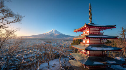 富士山と五重塔を望む夕暮れの景色の広がり