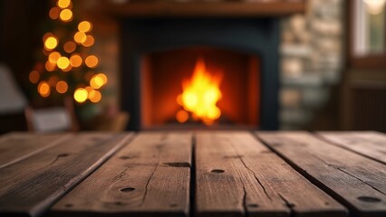 A wooden table with a fire in the background.
