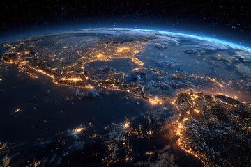 Obraz premium Earth at Night From Space Showing Illuminated Continents and Atmosphere.