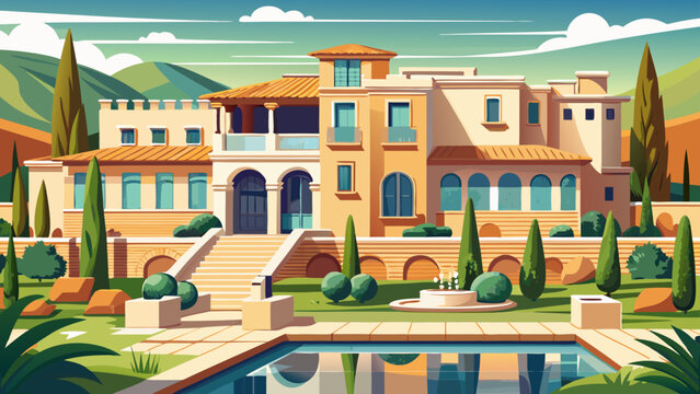 Sleek fragment of a European villa complex, showcasing beige stone walls, rooftop decks, and elegant water features, representing refined taste and exclusive residential design.