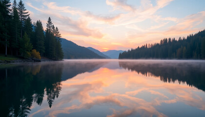 Serene Sunset Reflection Over Mountain Lake with Trees for Travel Blogs, Nature Websites, Landscape Photography, Outdoor Adventures, and Environmental Awareness