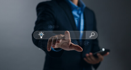 Businessman touching virtual AI search bar interface, symbolizing artificial intelligence, future technology, smart data access and innovation in digital transformation