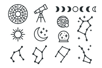 Zodiac signs and astronomy symbols: constellations, telescope, celestial icons collection