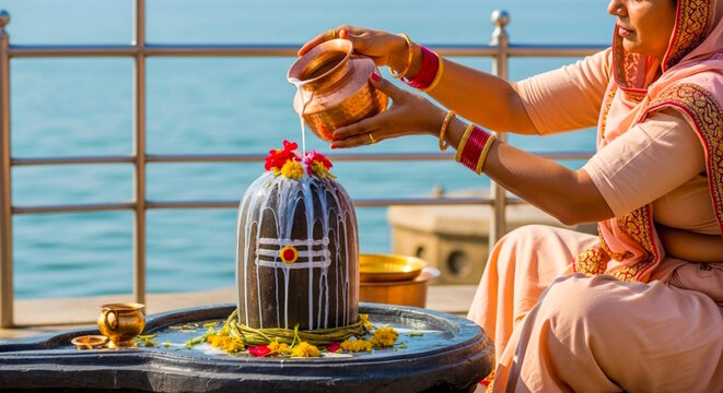  Indian woman doing milk Abhishek Hindu puja to Shivlinga, offering puja to Lord Shiva Jalabhishek, Rudrabhishek with water, milk, Ganges water, for Hindu religion festival maha shivratri  concept
