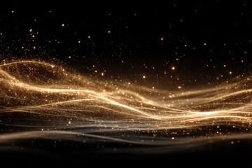 Golden light trails abstract background with sparkling particles.