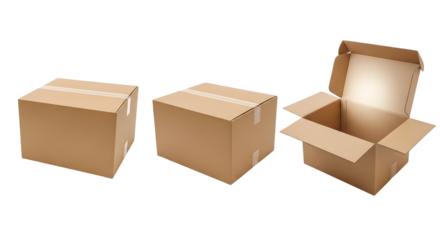 Set of three cardboard boxes, two sealed and one open, isolated on white background
