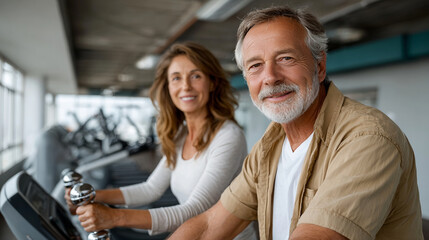 Active senior man and woman exercising with dumbbell in gym, enjoying healthy lifestyle and fitness motivation together