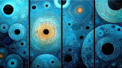 the image presents a multi paneled artwork featuring an abstract composition of circles, rendered in varying shades of blue and gold, against a textured background