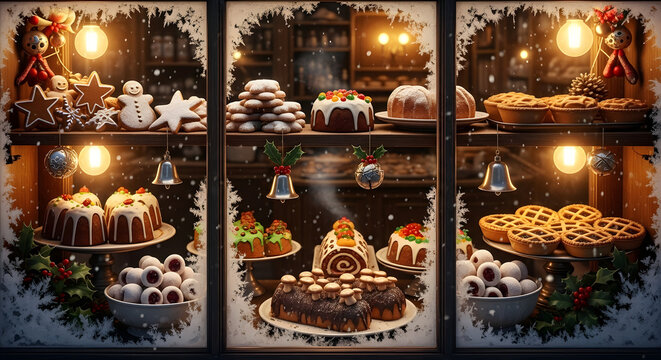 Festive bakery window display with cakes, cookies, and holiday decorations.