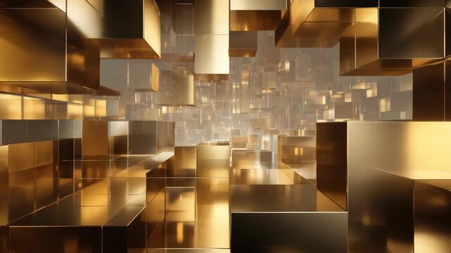 Abstract golden metallic cubes arranged in a futuristic geometric pattern on a soft gradient background, concept of technology and luxury space