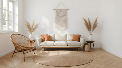 A bright and minimalist living room featuring a beige sofa, rattan chair, macrame wall hanging, and pampas grass decor, bathed in natural light.