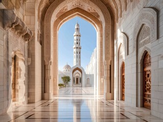 Fototapeta premium White Mosque Courtyard with Islamic Archway and Minaret