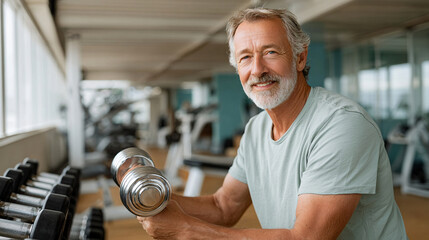 Senior man lifting dumbbell in gym smiling confidently with gray hair and beard, healthy lifestyle and fitness motivation