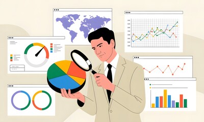 Illustration of man in suit analyzing data with magnifying glass and charts isolated on white background
