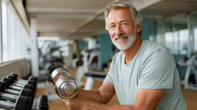 Senior man lifting dumbbell in gym smiling confidently with gray hair and beard, healthy lifestyle and fitness motivation