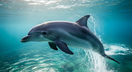 Obraz premium Dolphin swimming gracefully underwater with sunlight shining through the water.