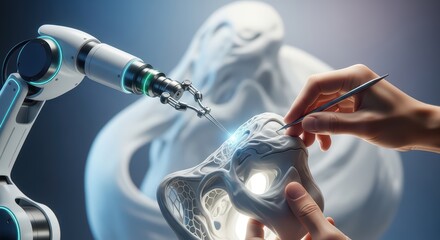 The Art of Creation: Hands use a futuristic tool to sculpt or inject a modern white abstract form, symbolizing science, art, medical innovation, or cosmetic procedures.