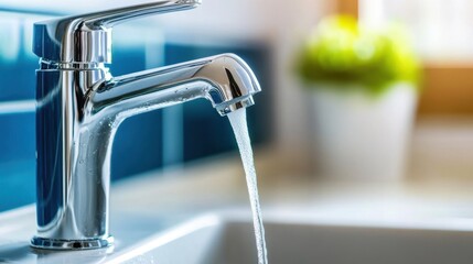 Chrome faucet and stainless basin with fresh water stream in a pristine kitchen setting