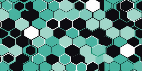 Seamless geometric honeycomb pattern with black hexagonal tiles on a metallic grid backdrop