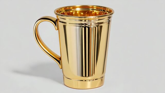 Glossy metallic gold mug with reflective surface and handle, minimalistic style, isolated on a clean light background, concept of elegance