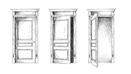 Open, ajar and closed doors, black line sketches set vector illustration. Outline front view of entrance to home or office in hand drawn style, sketchy wall with wooden doors, handles and doorways © Flash Vector