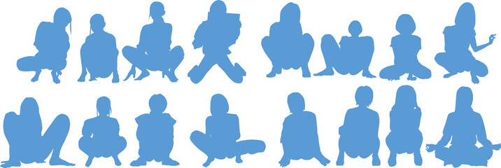 しゃがんでいる女性のイラストセット(シルエット)